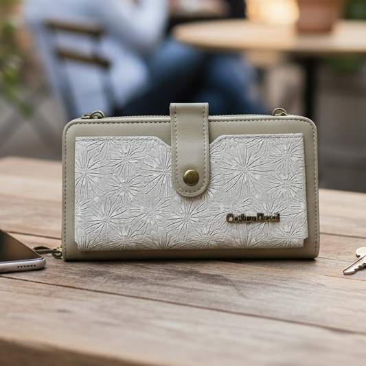 Cotton Road Wallet: Large IVORY PU Leather Cellphone Sling with FLORAL Pocket HERO VIEW