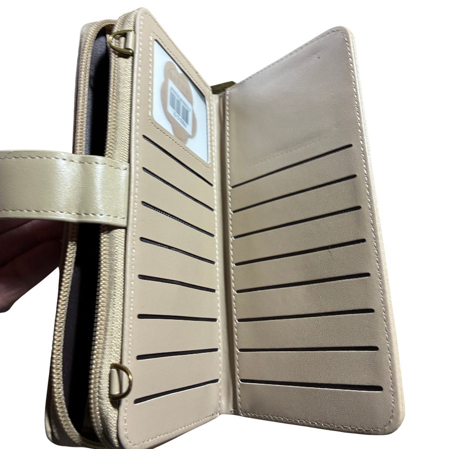 Cotton Road Wallet: Large IVORY PU Leather Cellphone Sling with FLORAL Pocket OPEN CARD SLOTS VIEW