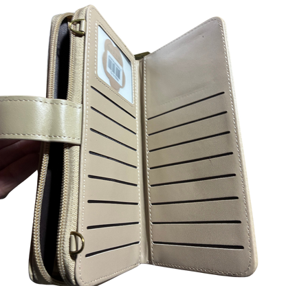 Cotton Road Wallet: Large IVORY PU Leather Cellphone Sling with FLORAL Pocket OPEN CARD SLOTS VIEW