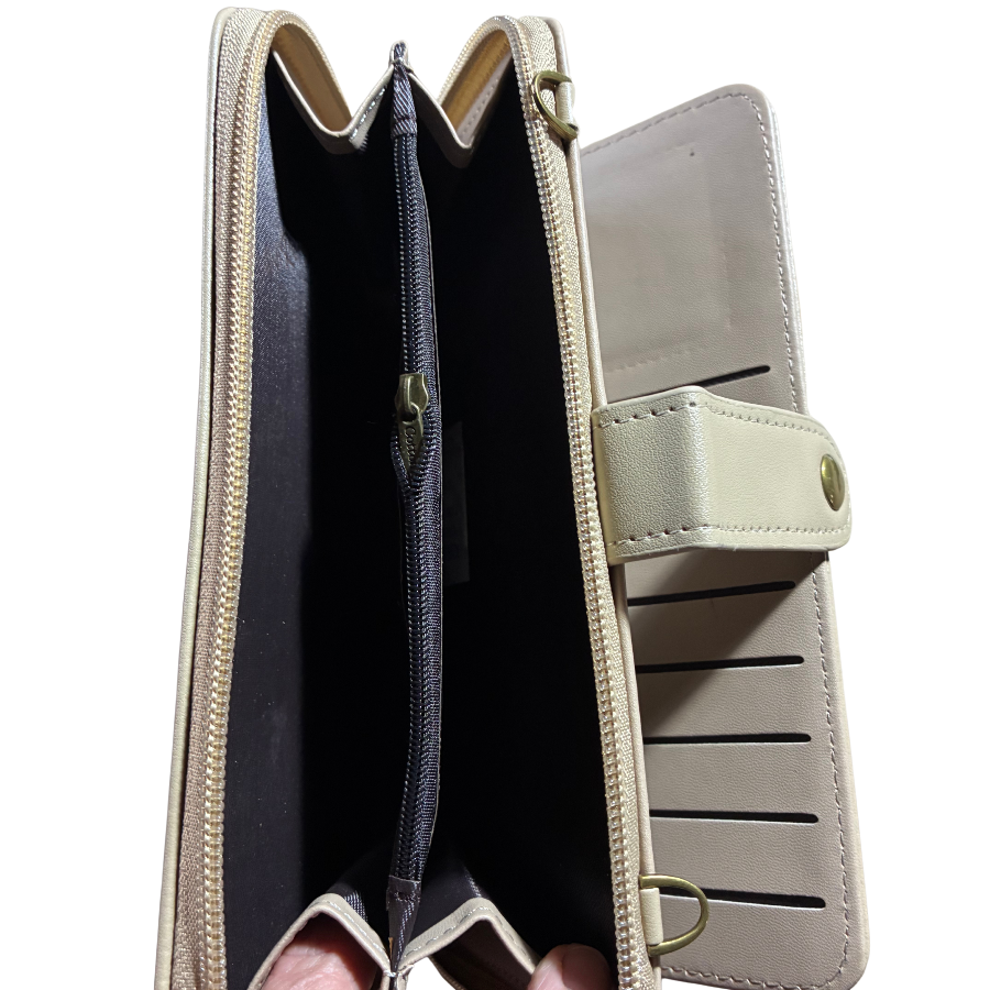 Cotton Road Wallet: Large IVORY PU Leather Cellphone Sling with FLORAL Pocket OPEN COIN POCKET VIEW