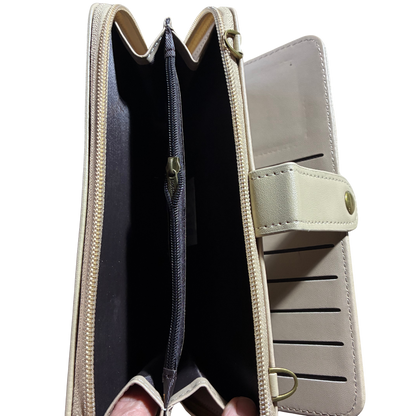 Cotton Road Wallet: Large IVORY PU Leather Cellphone Sling with FLORAL Pocket OPEN COIN POCKET VIEW