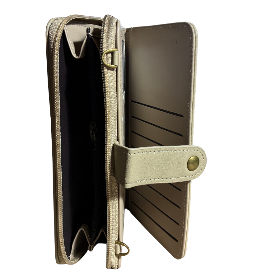 Cotton Road Wallet: Large IVORY PU Leather Cellphone Sling with FLORAL Pocket OPEN VIEW