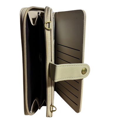 Cotton Road Wallet: Large IVORY PU Leather Cellphone Sling with FLORAL Pocket OPEN VIEW