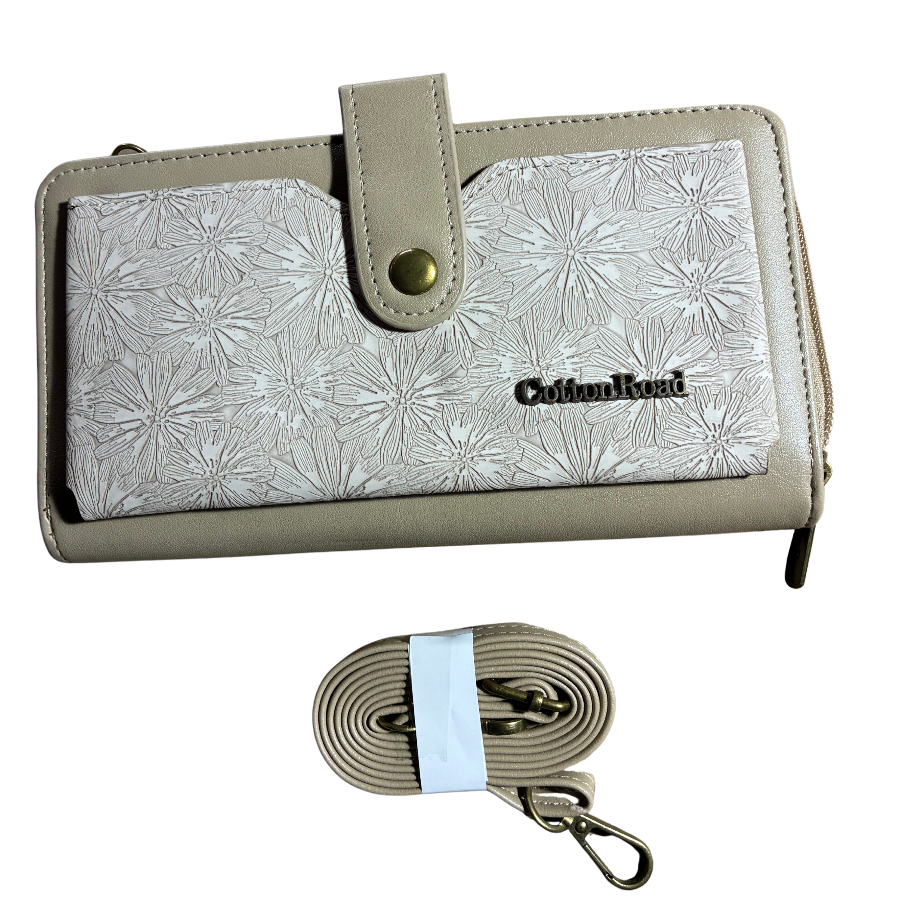 Cotton Road Wallet: Large IVORY PU Leather Cellphone Sling with FLORAL Pocket SET