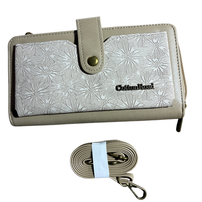 Cotton Road Wallet: Large IVORY PU Leather Cellphone Sling with FLORAL Pocket SET