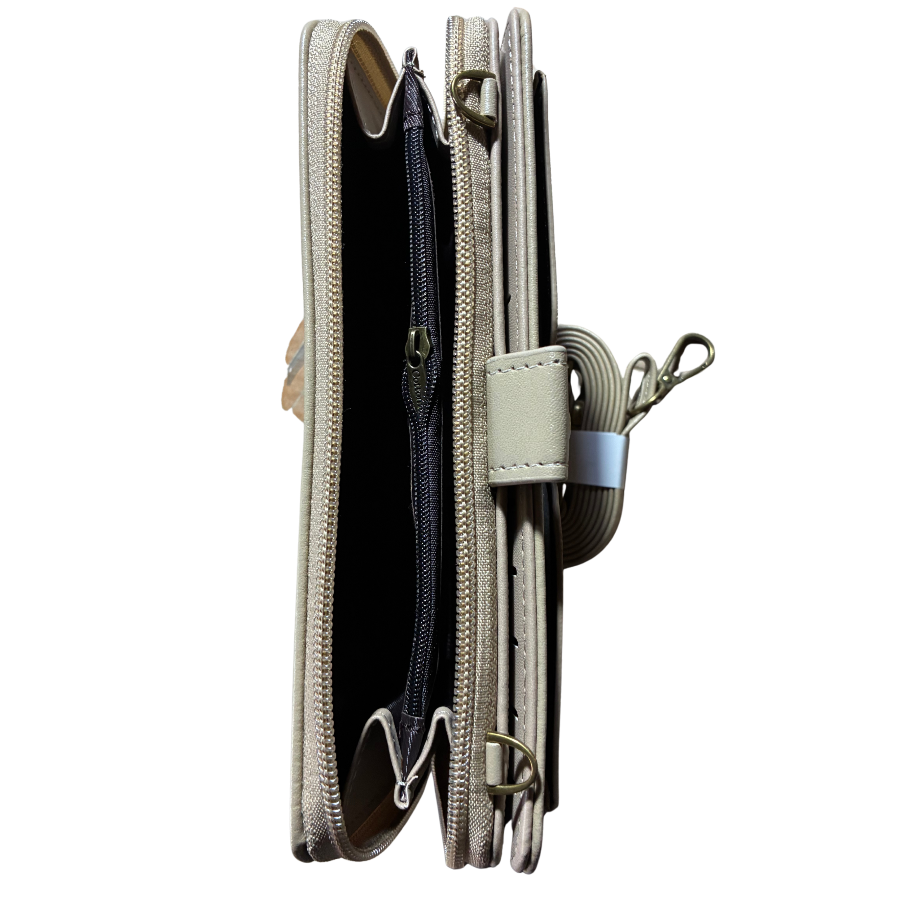 Cotton Road Wallet: Large IVORY PU Leather Cellphone Sling with FLORAL Pocket TOP ZIPS OPEN VIEW