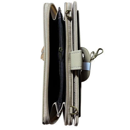 Cotton Road Wallet: Large IVORY PU Leather Cellphone Sling with FLORAL Pocket TOP ZIPS OPEN VIEW