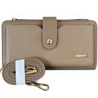 Cotton Road Wallet: Large KHAKI PU Leather Cellphone Sling with PATTERNED Pocket set