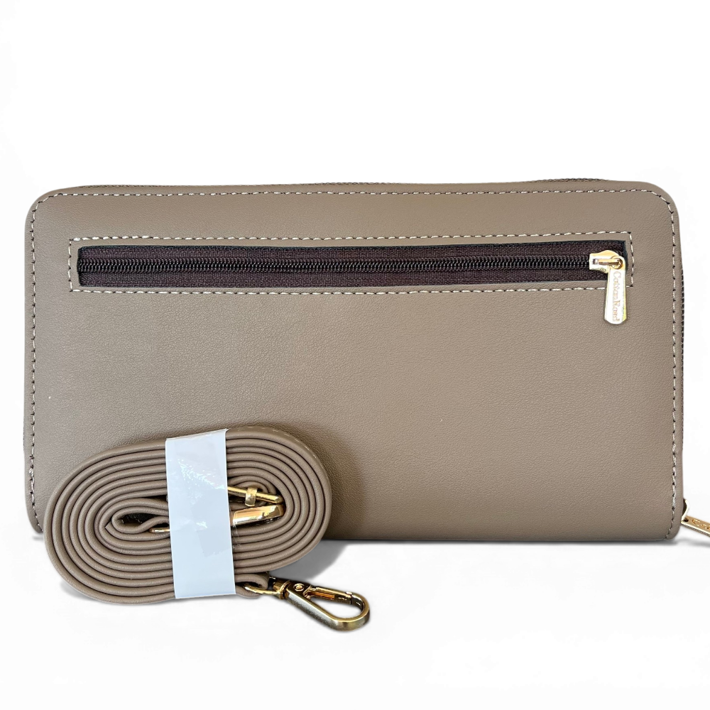 Cotton Road Wallet: Large KHAKI PU Leather Cellphone Sling with PATTERNED Pocket back