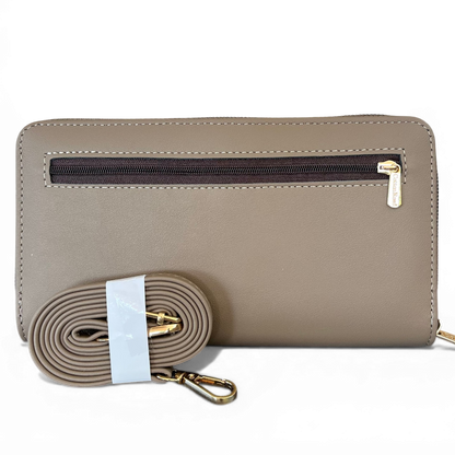 Cotton Road Wallet: Large KHAKI PU Leather Cellphone Sling with PATTERNED Pocket back
