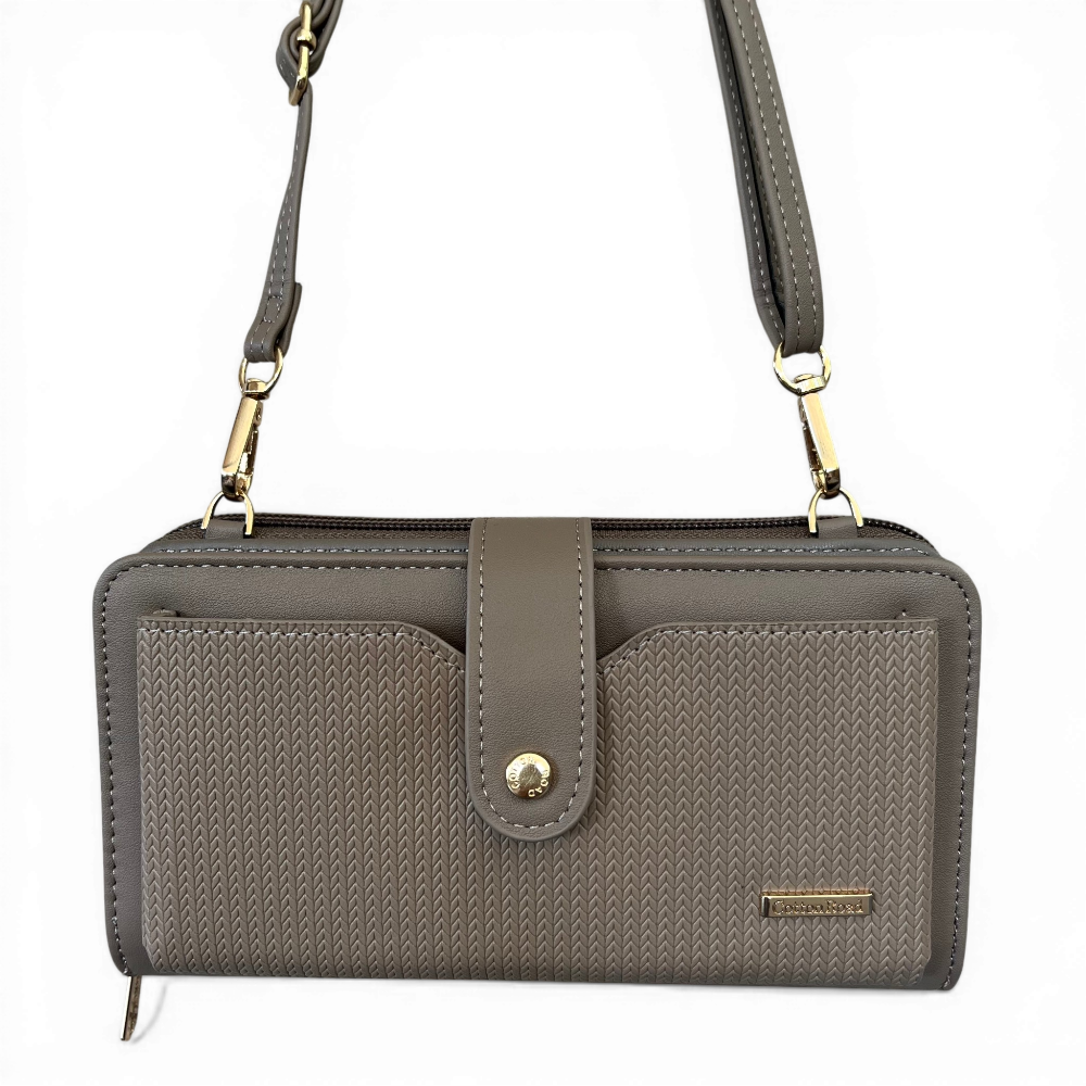 Cotton Road Wallet: Large KHAKI PU Leather Cellphone Sling with PATTERNED Pocket hanging