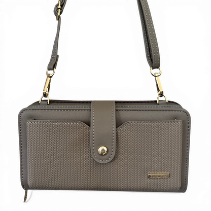 Cotton Road Wallet: Large KHAKI PU Leather Cellphone Sling with PATTERNED Pocket hanging