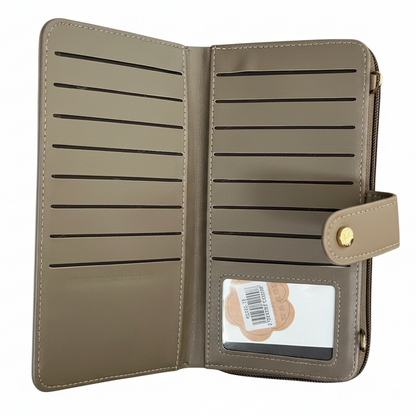 Cotton Road Wallet: Large KHAKI PU Leather Cellphone Sling with PATTERNED Pocket open