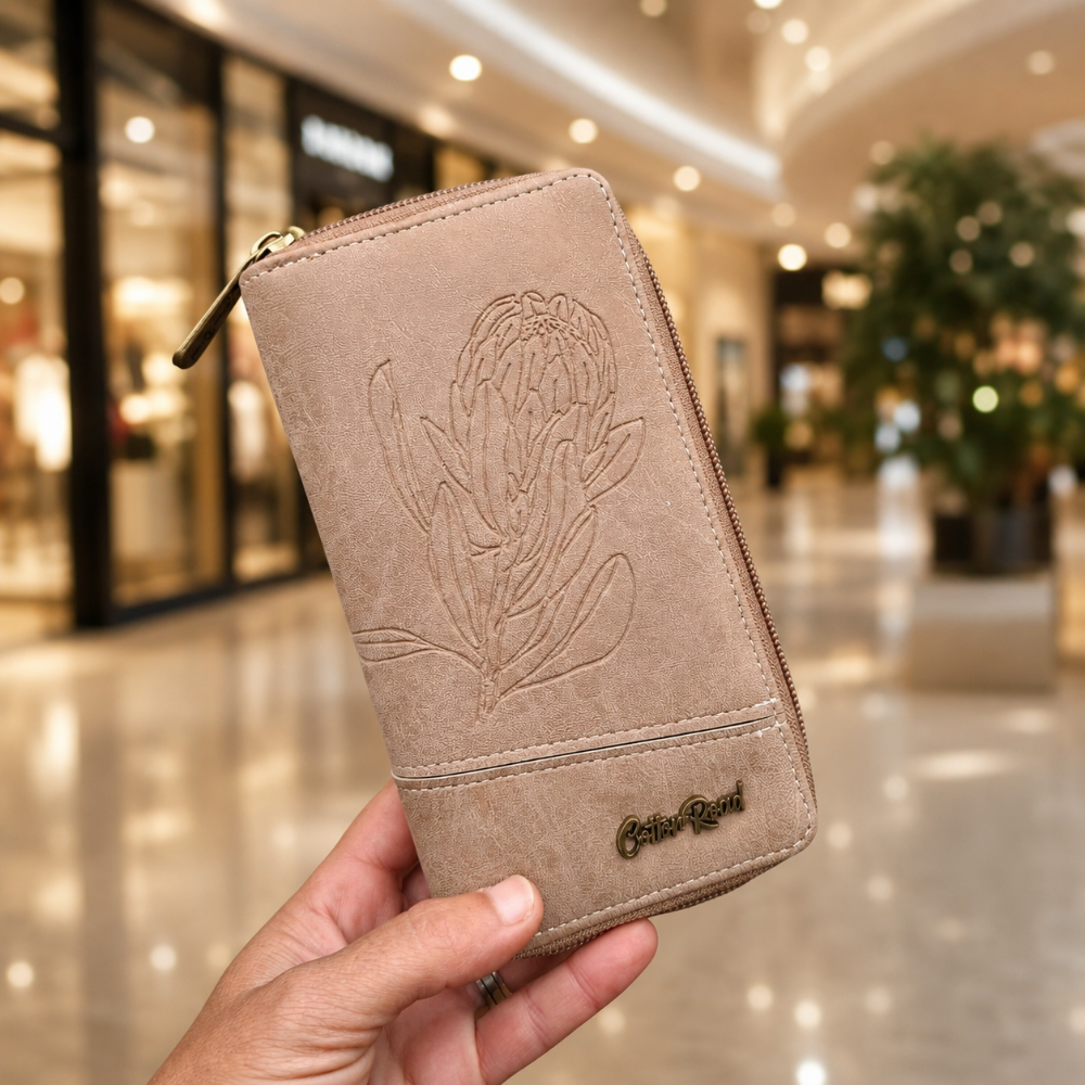 Cotton Road Wallet: Large KHAKI PU Leather Organiser with Embossed Protea