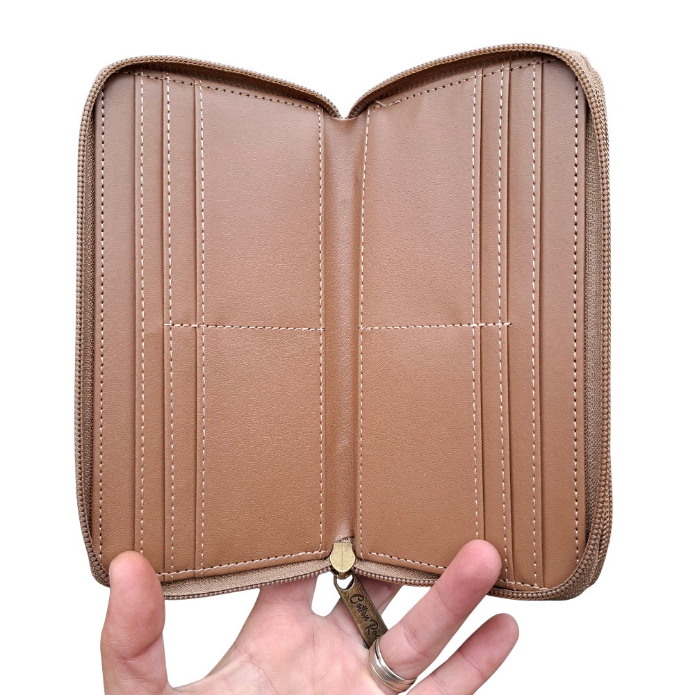 Cotton Road Wallet: Large KHAKI PU Leather Organiser with Embossed Protea CARD VIEW