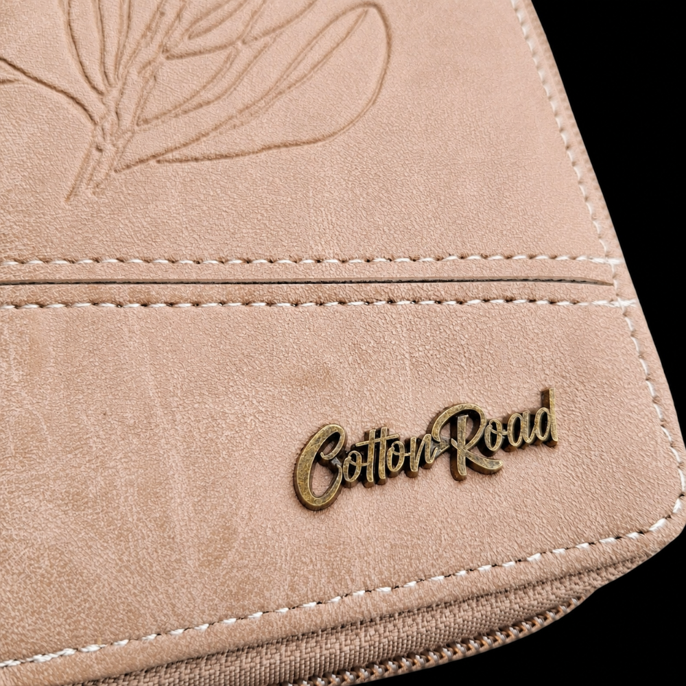 Cotton Road Wallet: Large KHAKI PU Leather Organiser with Embossed Protea DETAIL