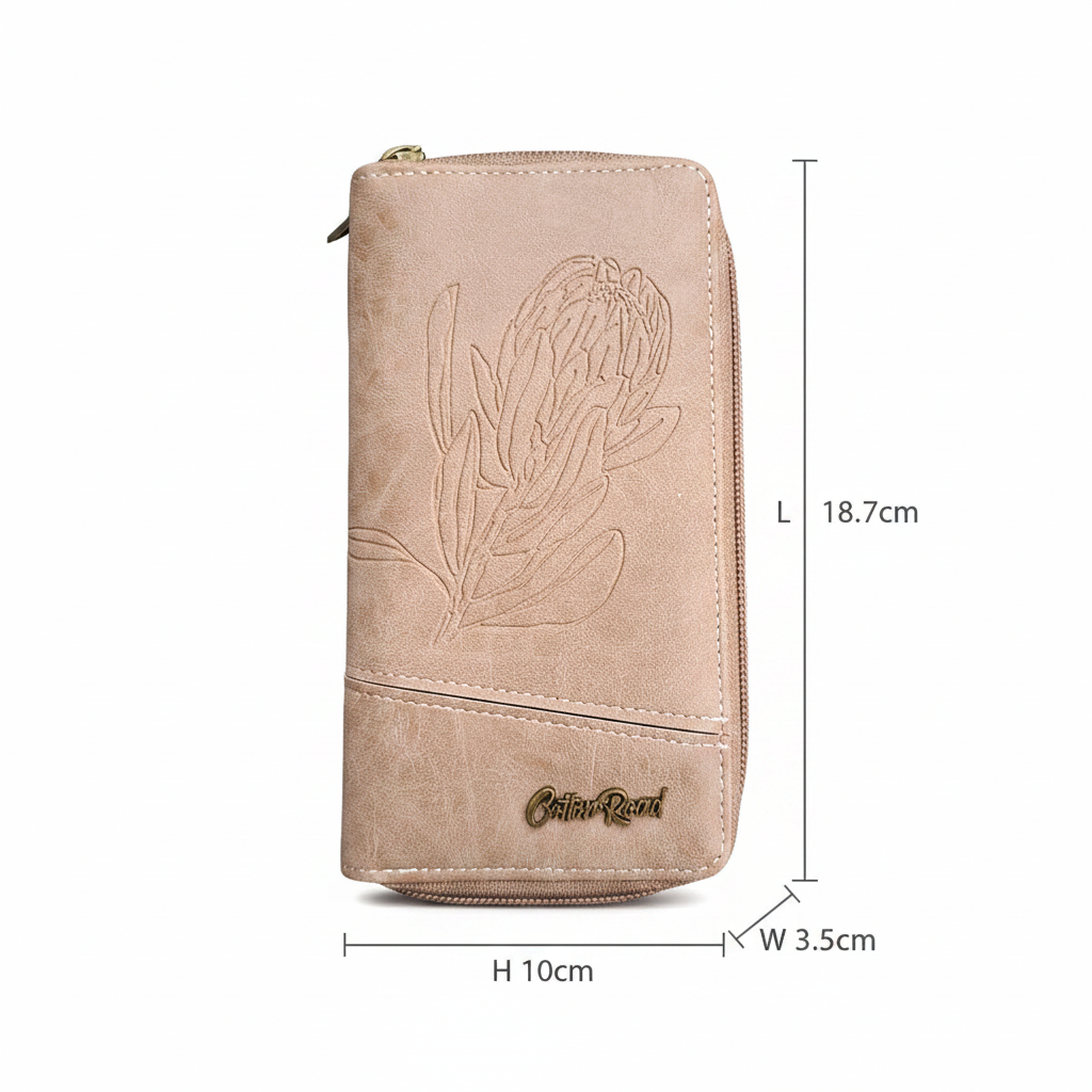Cotton Road Wallet: Large KHAKI PU Leather Organiser with Embossed Protea