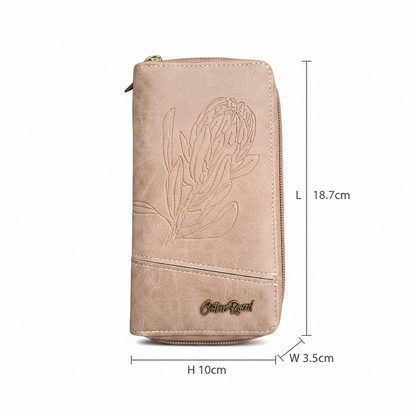 Cotton Road Wallet: Large KHAKI PU Leather Organiser with Embossed Protea