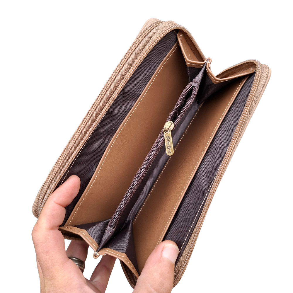 Cotton Road Wallet: Large KHAKI PU Leather Organiser with Embossed Protea UNZIPPED VIEW