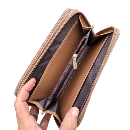 Cotton Road Wallet: Large KHAKI PU Leather Organiser with Embossed Protea UNZIPPED VIEW