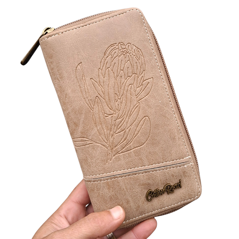 Cotton Road Wallet: Large KHAKI PU Leather Organiser with Embossed Protea VIEW