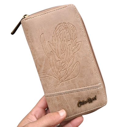 Cotton Road Wallet: Large KHAKI PU Leather Organiser with Embossed Protea VIEW