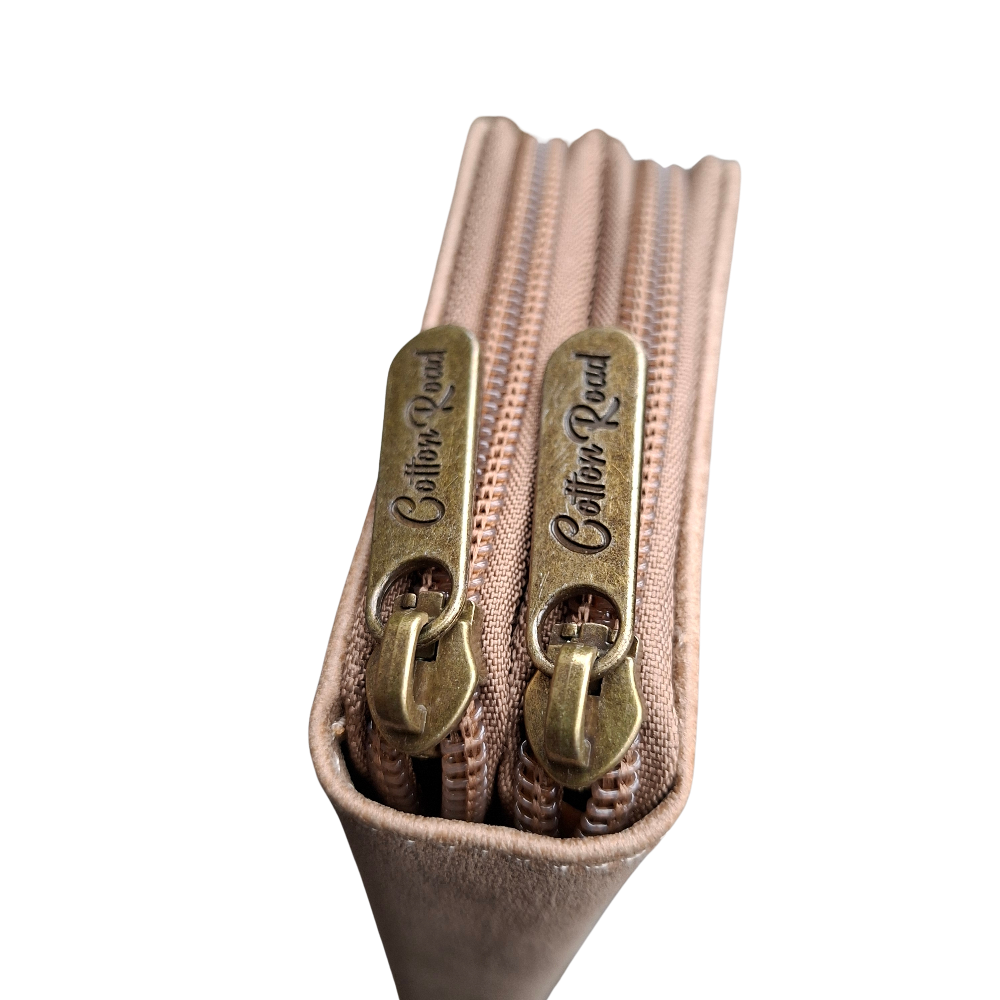 Cotton Road Wallet: Large KHAKI PU Leather Organiser with Embossed Protea  ZIP CLOSURE DETAIL
