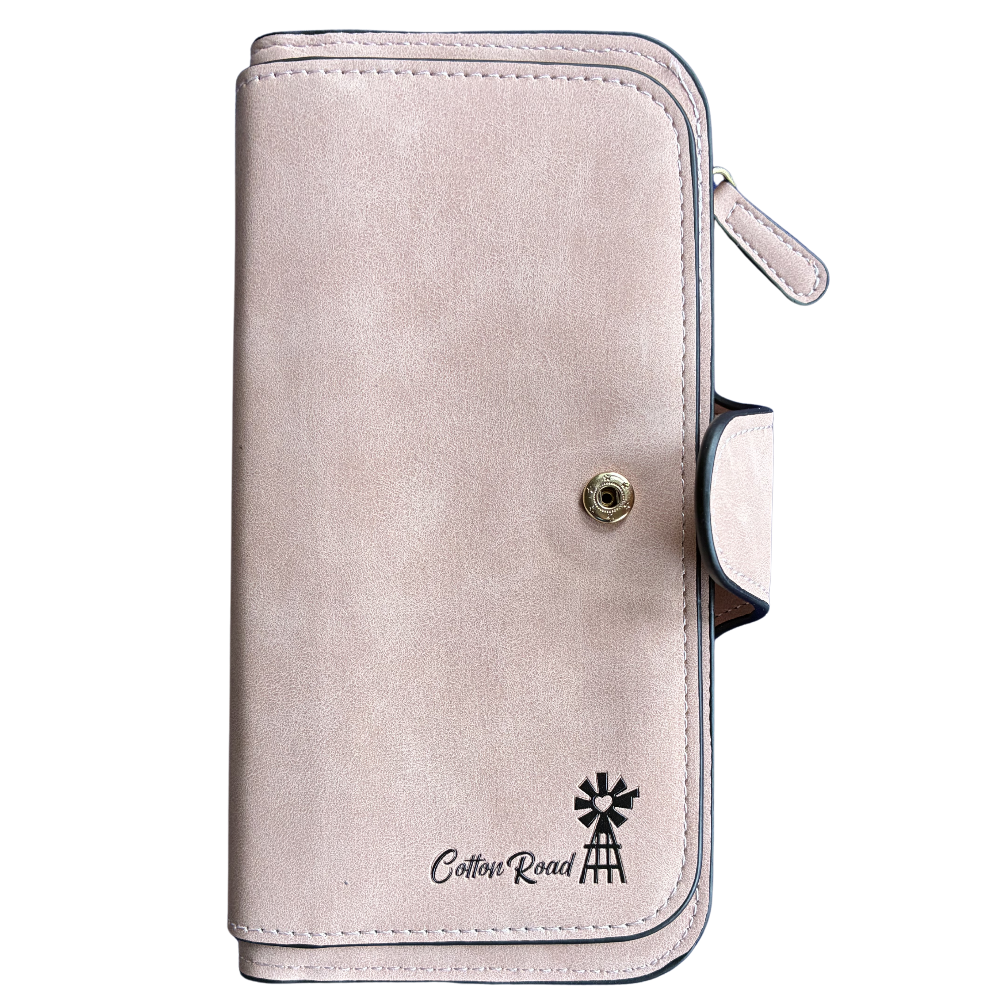 Cotton Road Wallet: Large LIGHT PINK 4-FOLD PU Leather Wallet with WINDMILL FRONT