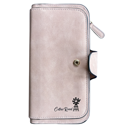 Cotton Road Wallet: Large LIGHT PINK 4-FOLD PU Leather Wallet with WINDMILL FRONT