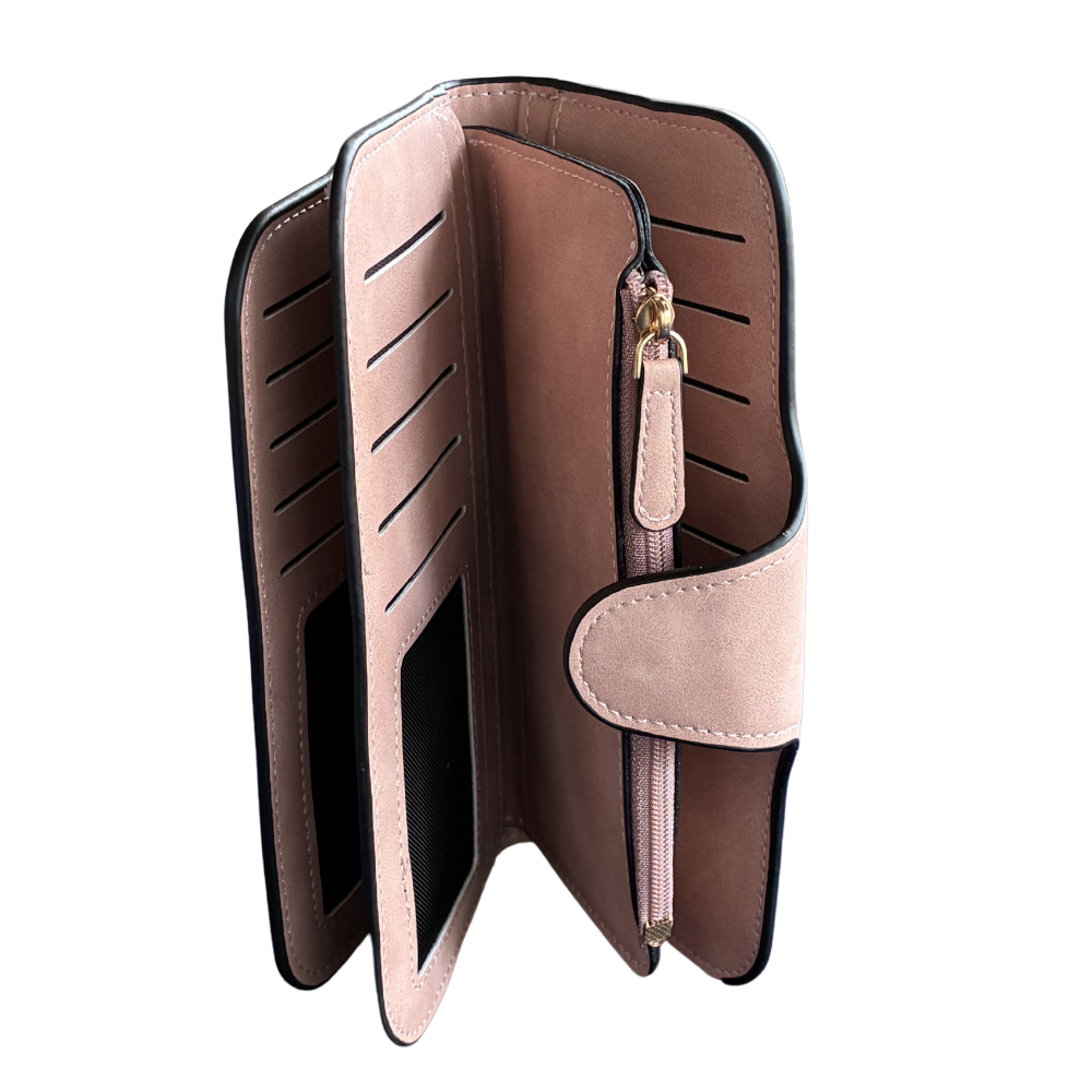 Cotton Road Wallet: Large LIGHT PINK 4-FOLD PU Leather Wallet with WINDMILL OPEN FROM FRONT