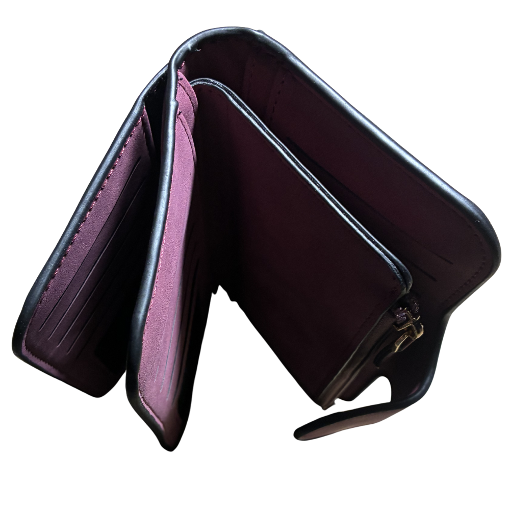 Cotton Road Wallet: Large MAROON PU Leather Purse with 4 Sections open top view
