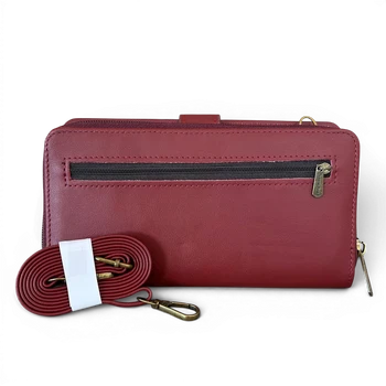 Cotton Road Wallet: Large MAROON RED PU Leather Cellphone Sling with FLORAL Pocket CARD BACK