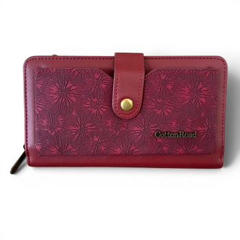 Cotton Road Wallet: Large MAROON RED PU Leather Cellphone Sling with FLORAL Pocket CARD FRONT