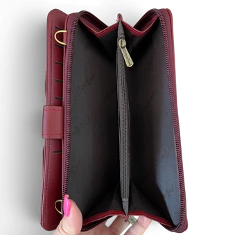 Cotton Road Wallet: Large MAROON RED PU Leather Cellphone Sling with FLORAL Pocket CARD OPEN