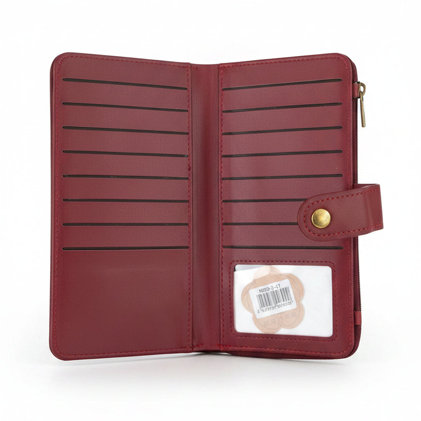 Cotton Road Wallet: Large MAROON RED PU Leather Cellphone Sling with FLORAL Pocket CARD VIEW