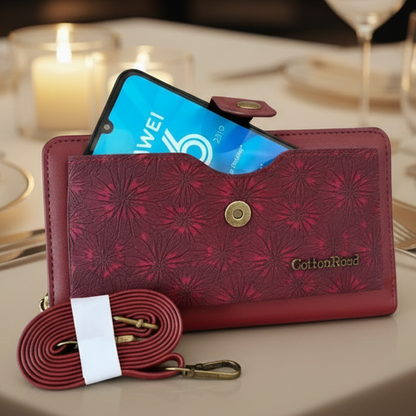 Cotton Road Wallet: Large MAROON RED PU Leather Cellphone Sling with FLORAL Pocket HERO