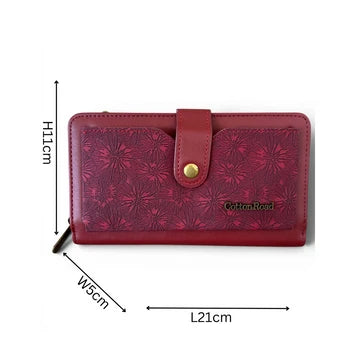 Cotton Road Wallet: Large MAROON RED PU Leather Cellphone Sling with FLORAL Pocket SIZE