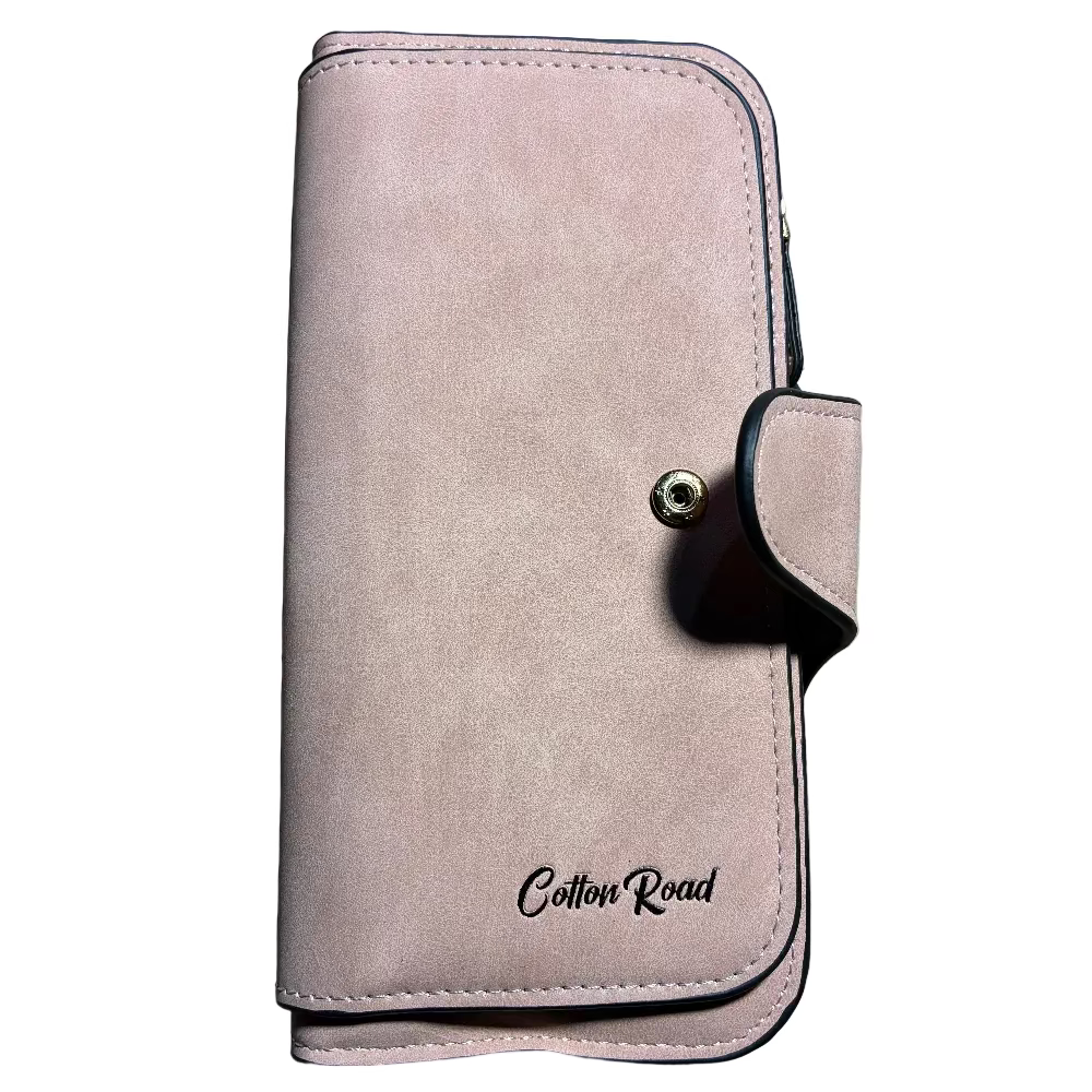 Cotton Road Wallet: Large PINK PU Leather Purse with 4 Sections front