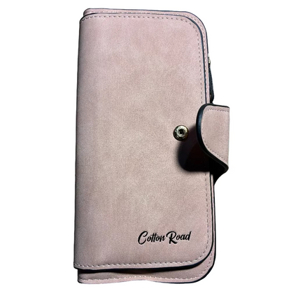 Cotton Road Wallet: Large PINK PU Leather Purse with 4 Sections front