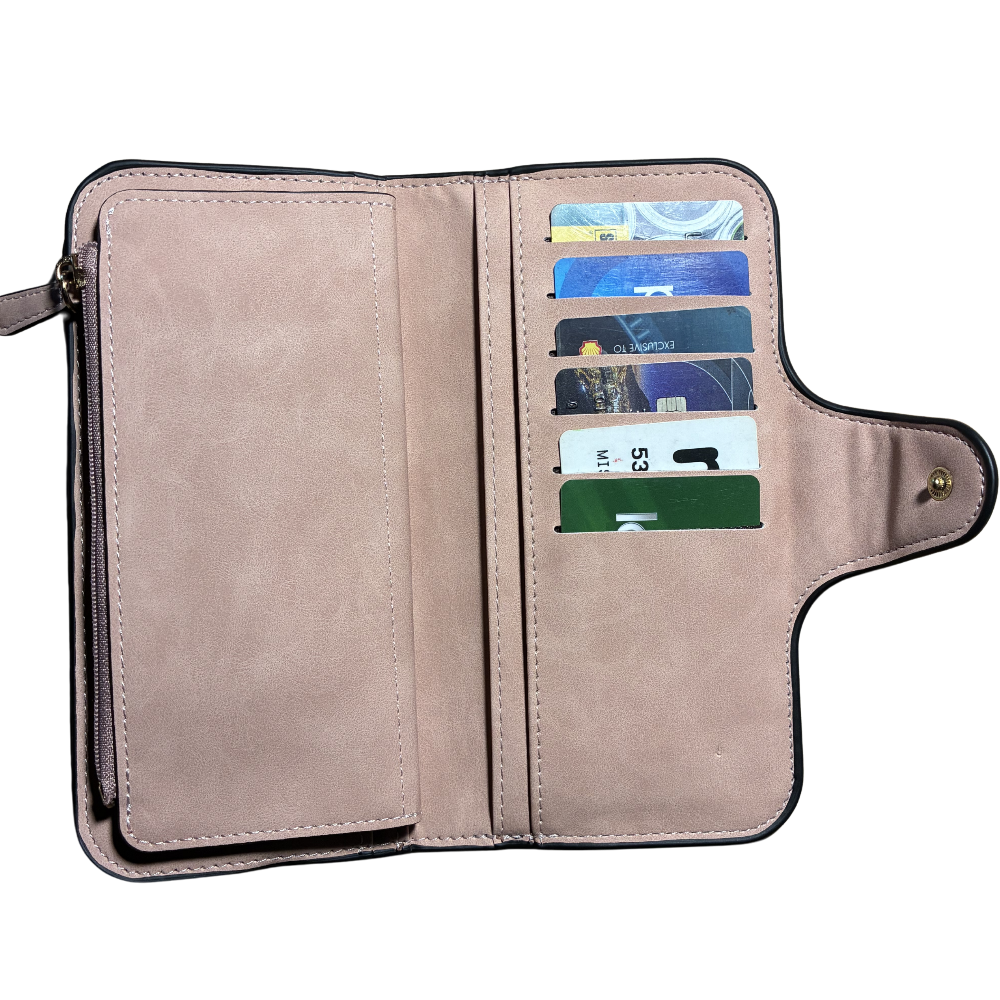 Cotton Road Wallet: Large PINK PU Leather Purse with 4 Sections side open view with cards