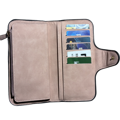 Cotton Road Wallet: Large PINK PU Leather Purse with 4 Sections side open view with cards