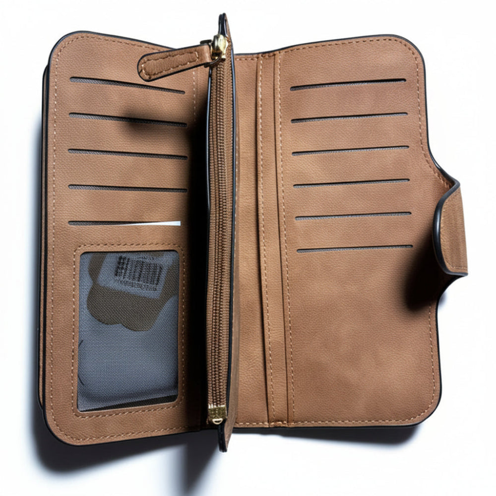 Cotton Road Wallet: Large TAN BROWN 4-FOLD PU Leather Wallet with WINDMILL COIN POCKET