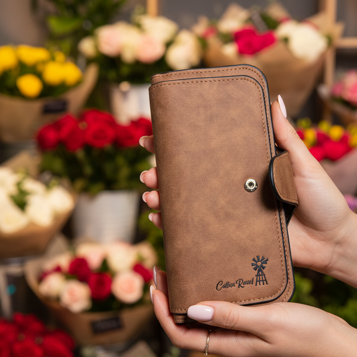 Cotton Road Wallet: Large TAN BROWN 4-FOLD PU Leather Wallet with WINDMILL LIFESTYE
