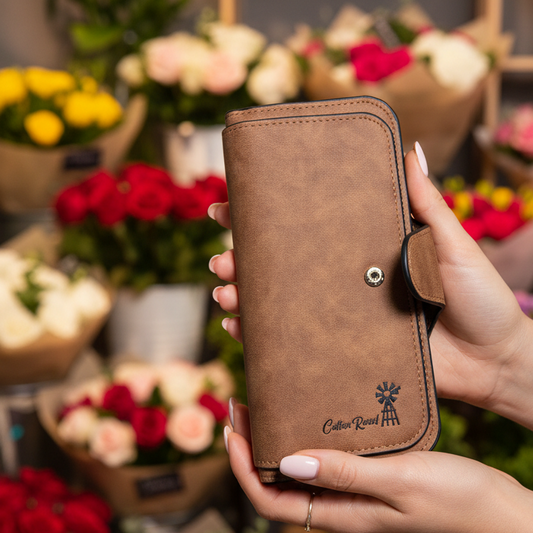 Cotton Road Wallet: Large TAN BROWN 4-FOLD PU Leather Wallet with WINDMILL LIFESTYE