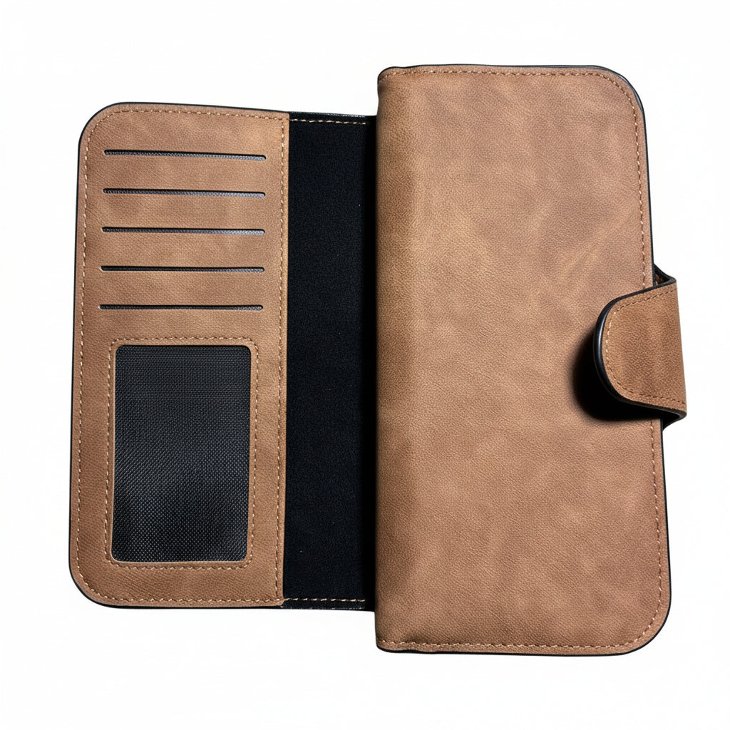 Cotton Road Wallet: Large TAN BROWN 4-FOLD PU Leather Wallet with WINDMILL OPEN