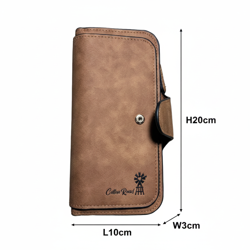 Cotton Road Wallet: Large TAN BROWN 4-FOLD PU Leather Wallet with WINDMILL SIZE