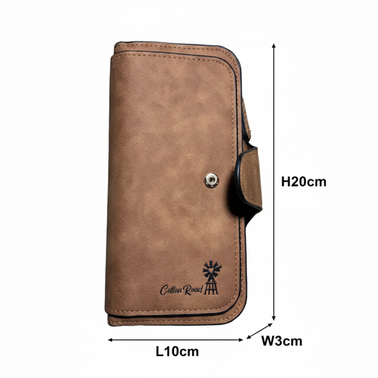 Cotton Road Wallet: Large TAN BROWN 4-FOLD PU Leather Wallet with WINDMILL SIZE