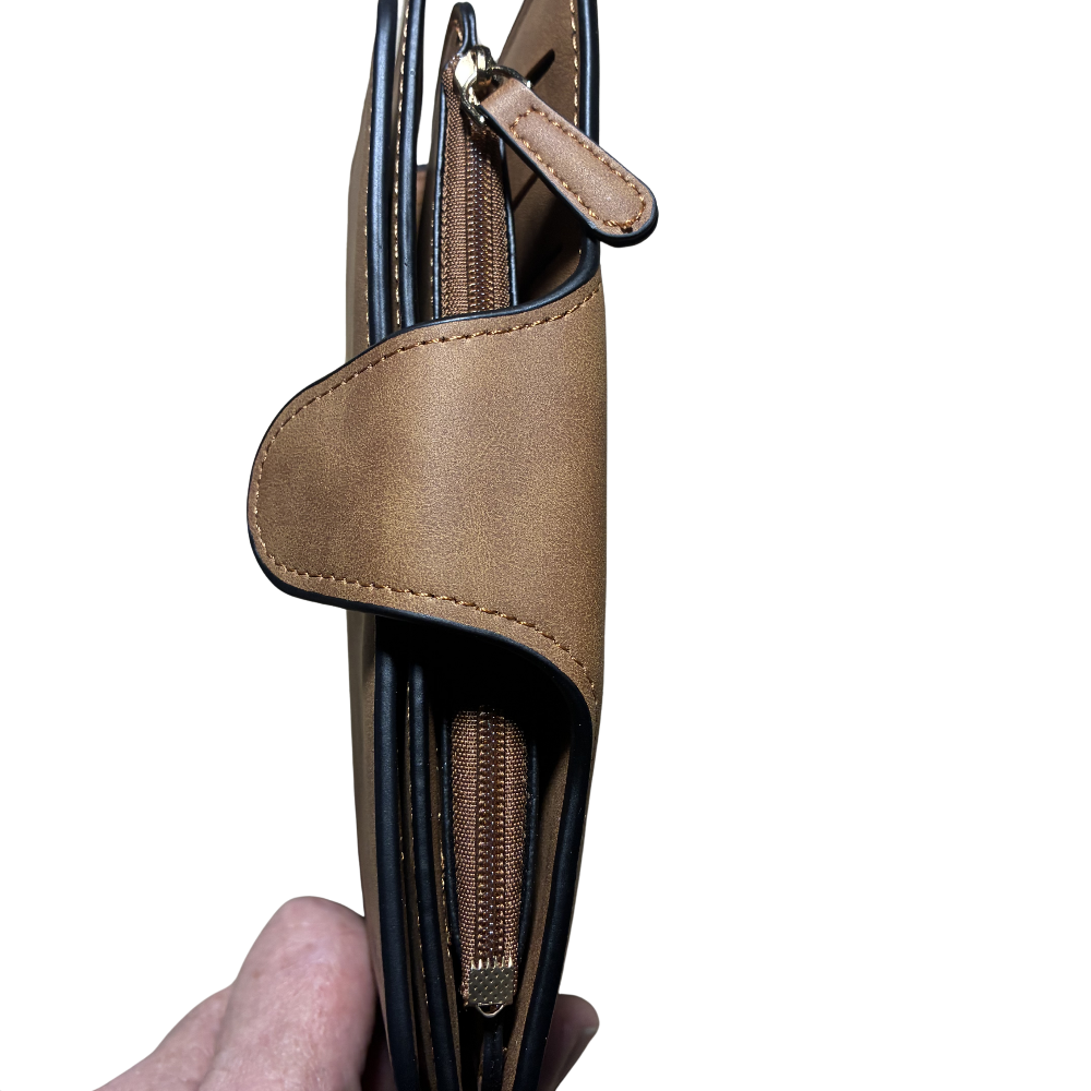 Cotton Road Wallet: Large TAN BROWN PU Leather Purse with 4 Sections CLOSED VIEW