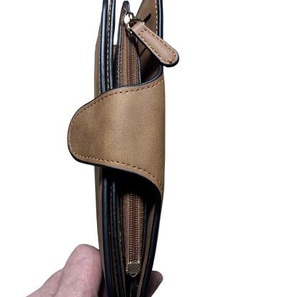 Cotton Road Wallet: Large TAN BROWN PU Leather Purse with 4 Sections CLOSED VIEW