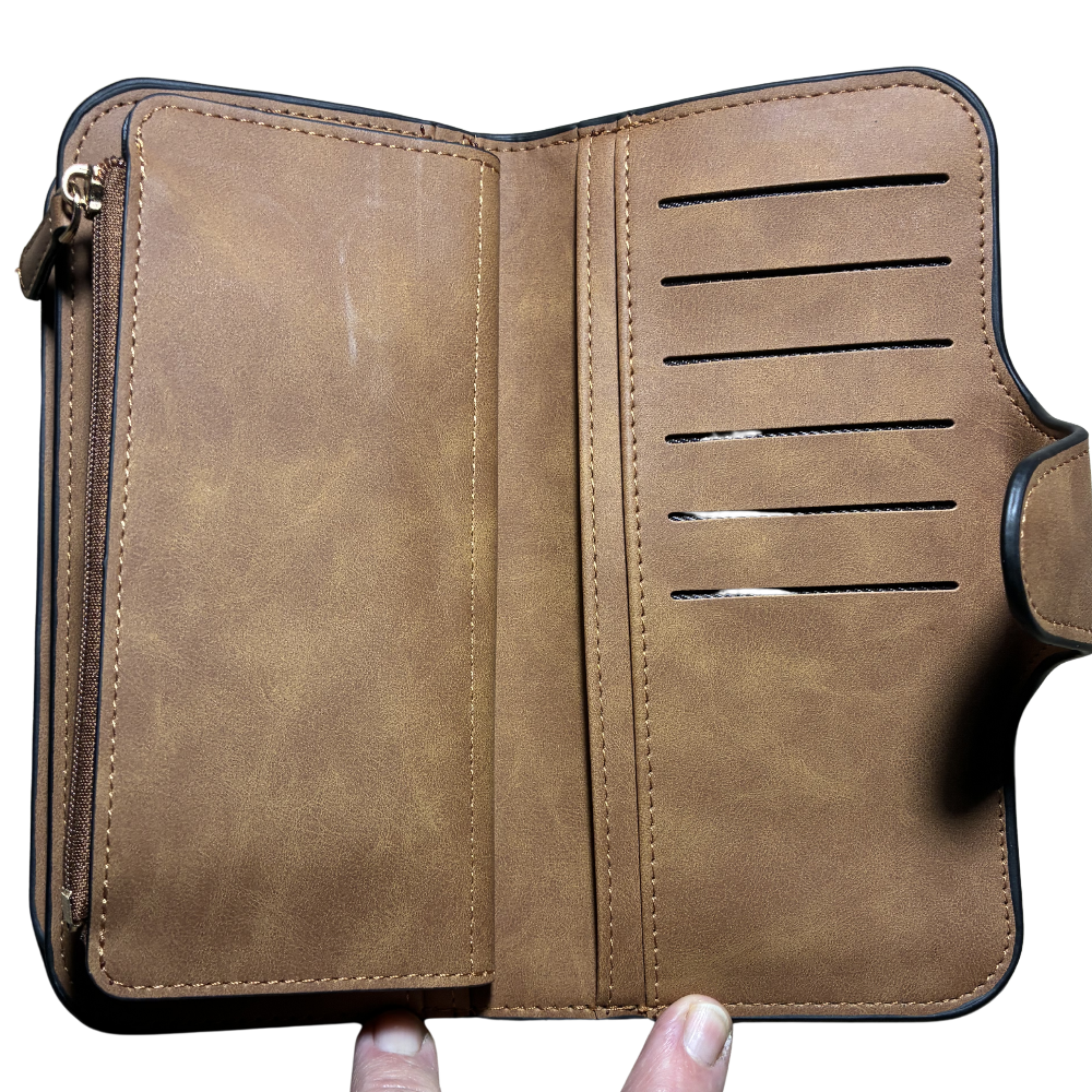 Cotton Road Wallet: Large TAN BROWN PU Leather Purse with 4 Sections COIN POCKET VIEW